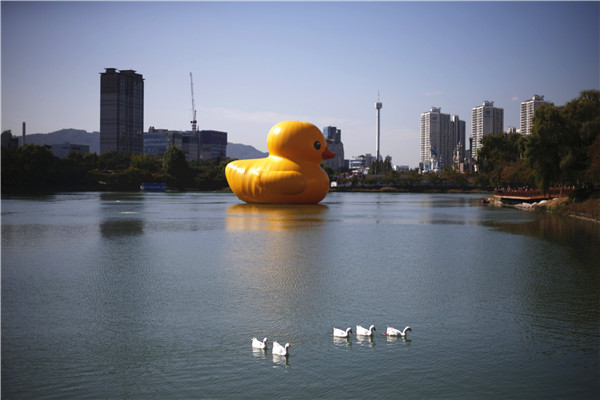 Giant Rubber Duck sails into Seoul